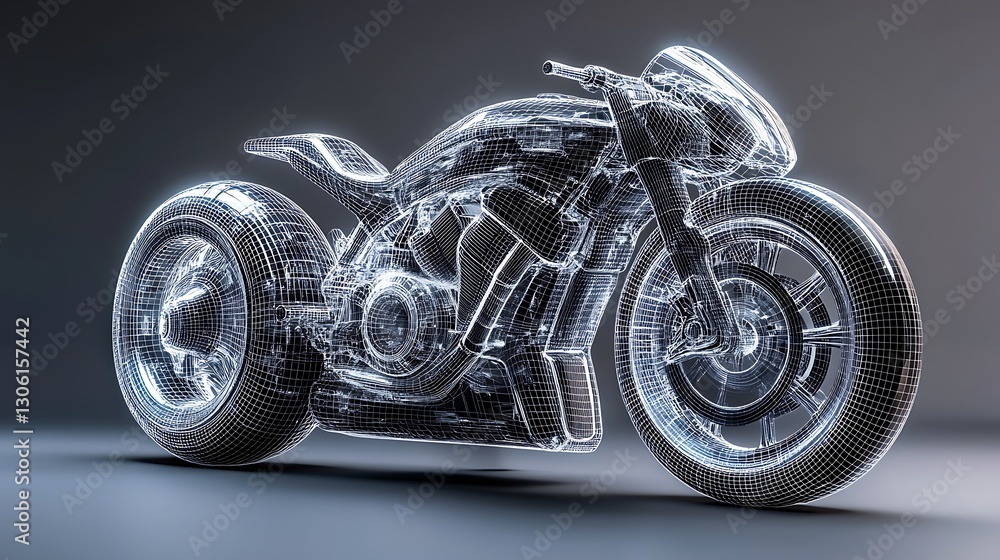Poster motorcycle wireframe rendering shining on dark background for technical design