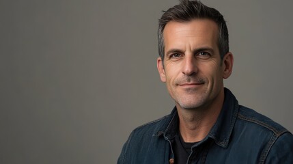 Confident Middle-Aged Man in Casual Attire Against a Neutral Background