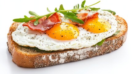 Delicious Breakfast Toast with Fried Eggs, Crispy Bacon, and Fresh Arugula A Vibrant Culinary Delight Showcasing a Healthy and Flavorful Start to Your Day Explore the Visual Appeal of this Gourmet