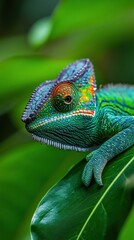 Fototapeta premium Vibrant Green Chameleon on Lush Tropical Foliage: A Close-Up Portrait of Nature's Master of Disguise