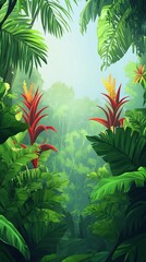 Lush Tropical Rainforest Landscape with Exotic Flora and Flowing Water