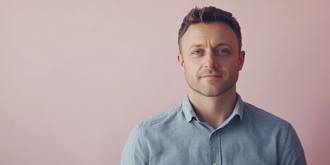 Obraz premium Confident Young Man Posing Against a Soft Pink Background in Casual Attire
