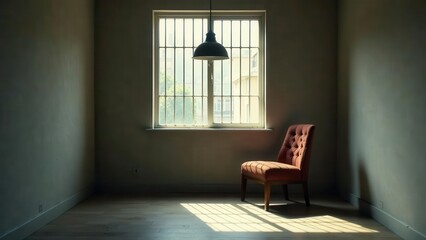 Sunlit Room with a Single Upholstered Chair and Hanging Lamp