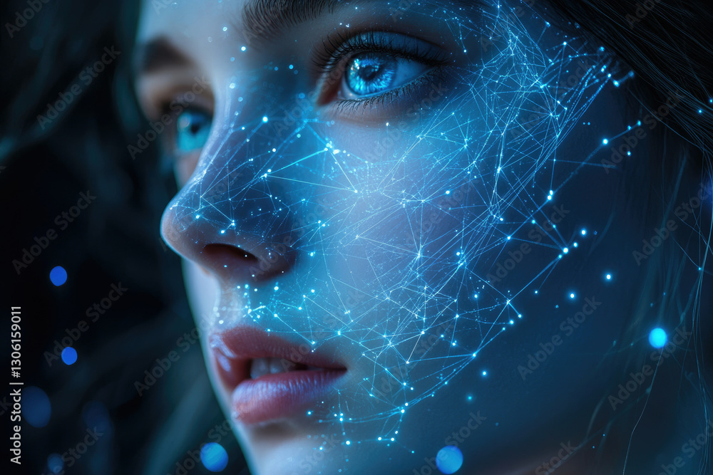 Poster a woman's face is overlaid with a glowing blue network of interconnected nodes, symbolizing digital 