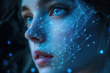 A woman's face is overlaid with a glowing blue network of interconnected nodes, symbolizing digital connectivity and the merging of humanity and technology.