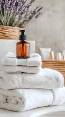 Spa Bathroom Ambiance, Brown Bottle Lotion on White Towels