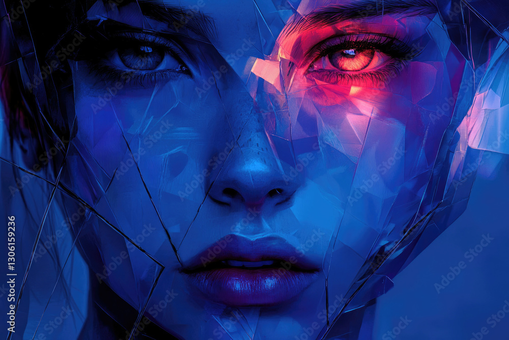 Poster a woman's face fragmented into glowing blue and red shards, creating a surreal digital art piece.