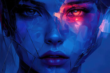 A woman's face fragmented into glowing blue and red shards, creating a surreal digital art piece.