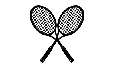 Two tennis rackets crossed on white background.