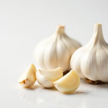 Close-up of garlic cloves on clean white surface, kitchen, Garlic, aroma