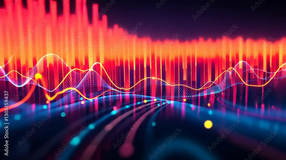 Poster dynamic waveforms and vibrant neon patterns in motion with energy pulses