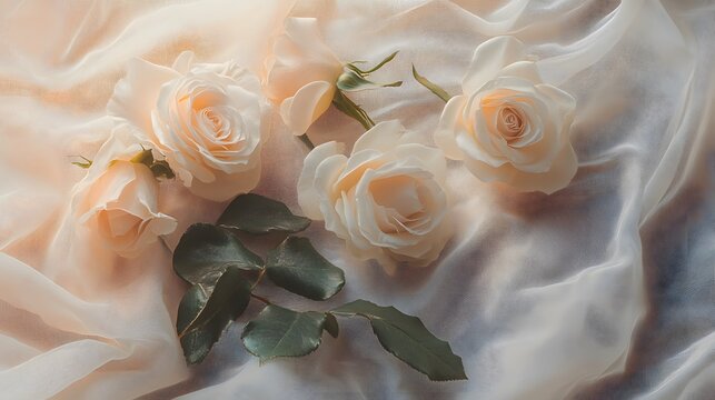 Peach Roses on Sheer Fabric: A Still Life of Elegance and Serenity