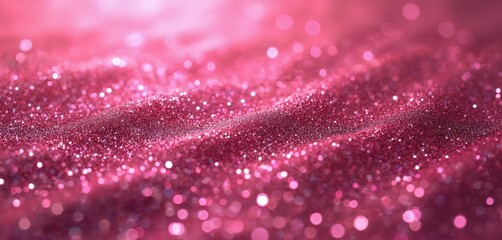 Photo of hot trendy seamless pink glittering surface. Small glitters scattered across the backdrop. Shiny smooth bright glamor glamorous girly holiday vibrant decoration. Dreamy soft image close-up.