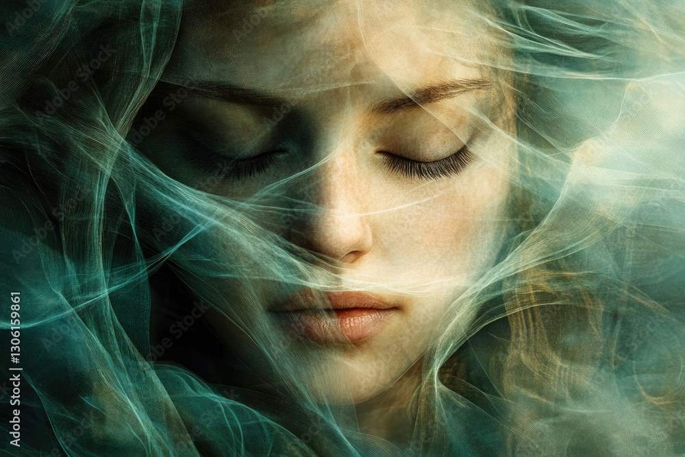 Poster a woman's face is gently veiled in ethereal, flowing fabric, creating a serene and mysterious atmosp