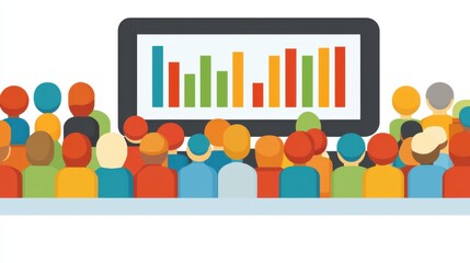 Obraz premium A high-energy corporate seminar scene featuring professionals from different industries, exchanging ideas and taking notes while a speaker presents key insights on a large screen