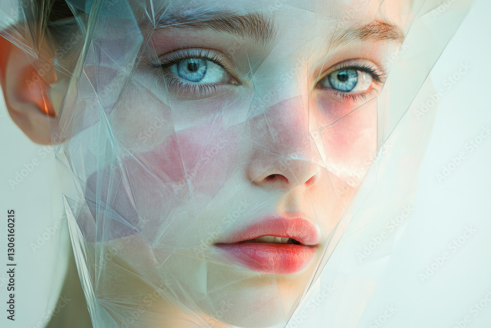 Aufkleber a young woman's face is partially obscured by a translucent, fragmented material, creating a surreal