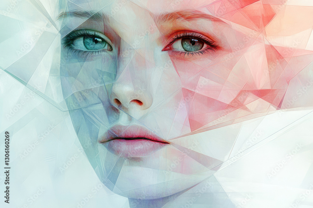 Poster a woman's face is fragmented into pastel-colored geometric shapes, creating an ethereal and dreamlik
