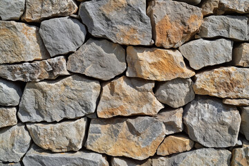 wall made of gray and brown stones. The wall is made of many different sized stones. The wall is very rough and has a lot of texture