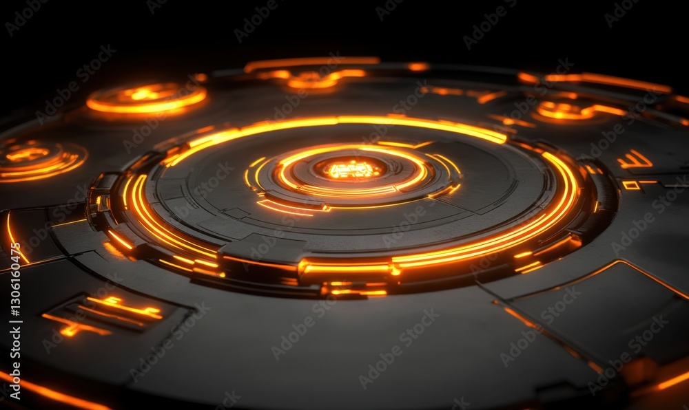Poster glowing circular sci-fi interface on dark background for futuristic tech design