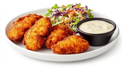 Fototapeta premium Crispy Fried Chicken Tenders Delight A Delicious Plate of Golden-Brown Chicken Strips Served with Creamy Dip and Fresh Coleslaw Perfect for Lunch, Dinner, or a Quick Snack, this Image Showcases the