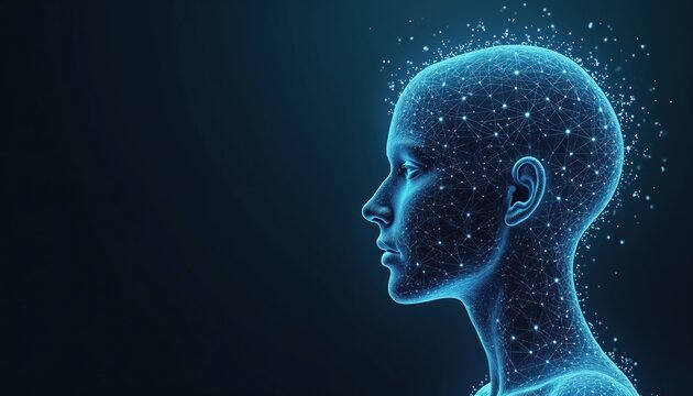 Human head outline with network of connected lines. Blue AI neural digital mesh on dark background. Concept of artificial intelligence, machine learning, data analysis, science, technology innovation.