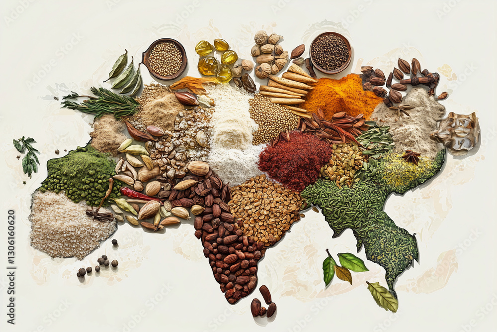 Poster map of the world is covered with various spices and herbs. the spices are spread out across the map,