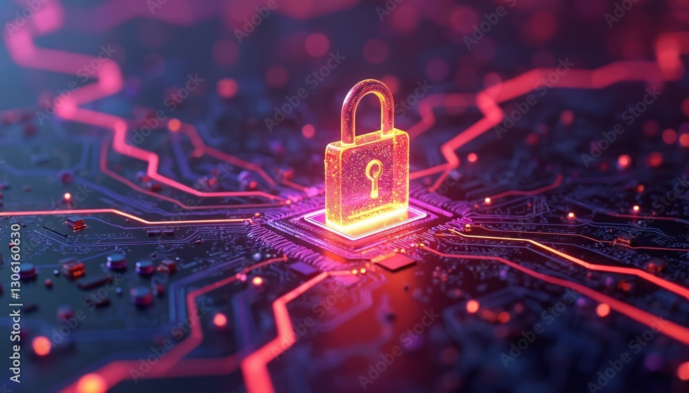 Poster digital padlock surrounded by streaming data, secure technology on dark purple background. glowing d