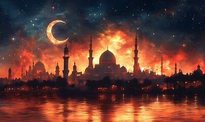 Fototapeta premium Stunning Dusk Skyline with Illuminated Mosque, Fiery Sky, and Crescent Moon