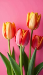 Vibrant tulips, pink backdrop, geometric shapes, nature, delicate