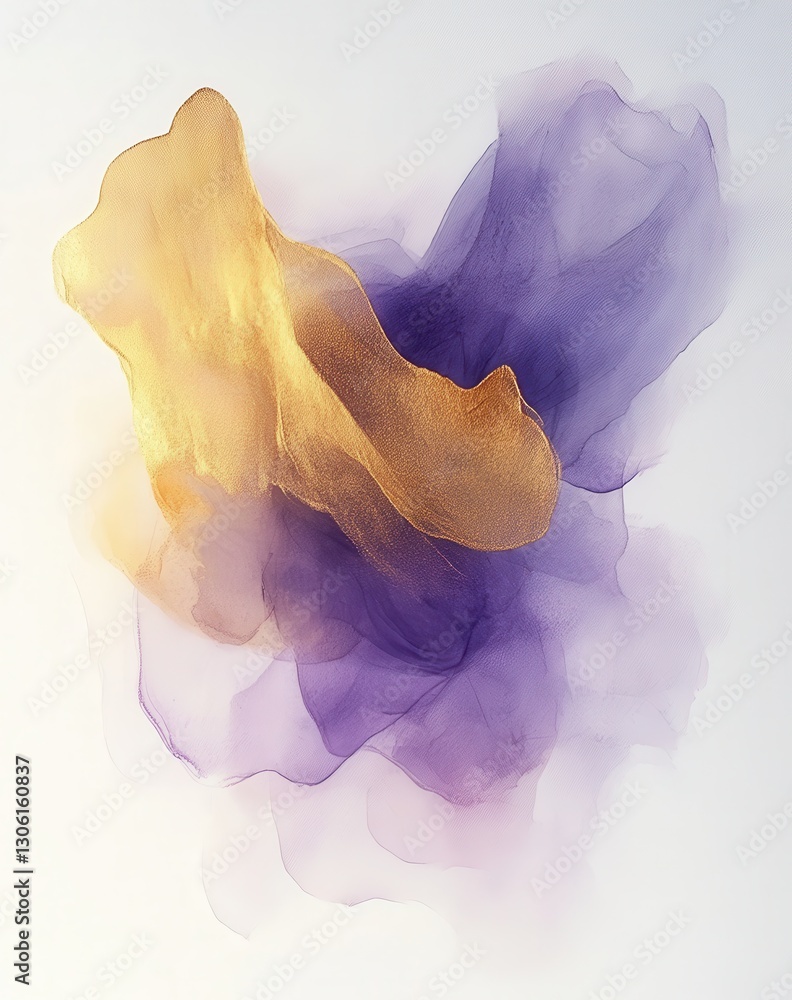 Poster abstract fabric in swirling golden and purple hues creating ethereal and vibrant textures on a light