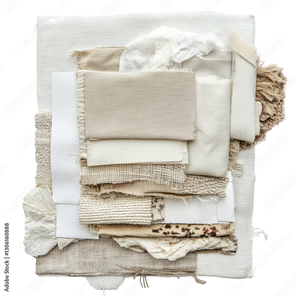 Aufkleber textured neutral palette of fabric swatches and paper, creating a serene composition. ideal for back