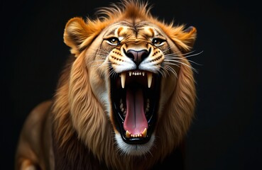 Obraz premium Close-up of roaring lion head with open mouth. The big cat showcases its teeth, tongue, fierce predator traits and wild feline nature on dark background.