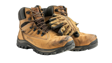 Worn Work Boots & Gloves Studio Shot.