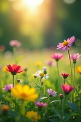 Fototapeta premium Close-up of blooming wildflowers in a meadow under the bright sun, outdoors, flora, sunny