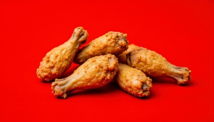 Crispy Fried Chicken Drumsticks on Vibrant Red Background A Culinary Delight Featuring Golden-Brown Chicken, Perfect for Food Photography and Advertising, Showcasing Appetizing Textures and Colors