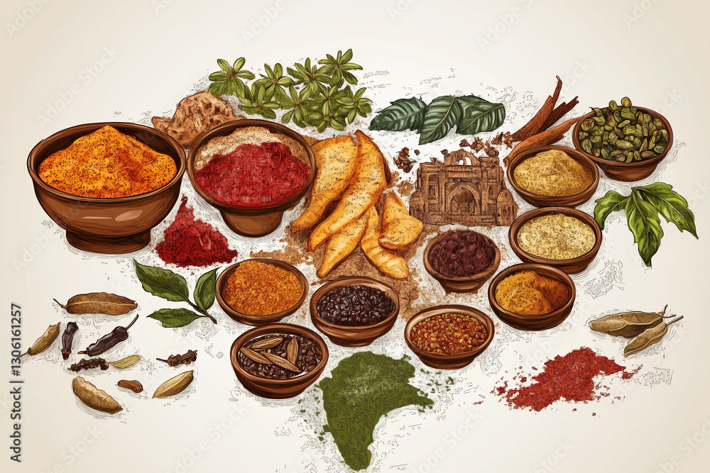 Poster colorful drawing of various spices and herbs, such as cumin, coriander, and turmeric. the spices are