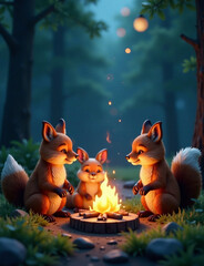 A whimsical scene of a cozy woodland gathering, featuring a variety of furred animals—like foxes, rabbits, and squirrels—sharing stories by a glowing campfire under a starlit sky.