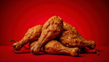 Fototapeta premium Crispy Fried Chicken Delight A Tempting Close-Up of Golden Brown Perfection Against a Vibrant Red Backdrop, Showcasing Juicy, Delicious Drumsticks Perfect for Foodies and Culinary Enthusiasts, This