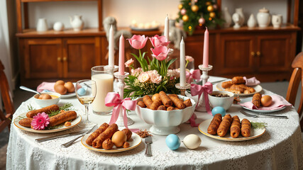 Naklejka premium Traditional Easter feast with decorated table
