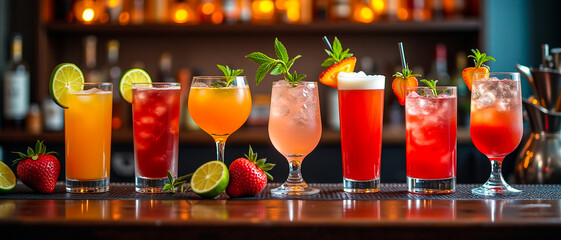 Vibrant Assorted Cocktails on a Bar Counter with Fresh Fruit Garnishes


