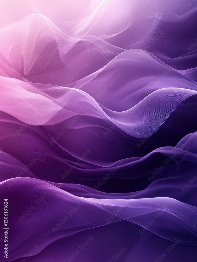 Poster abstract flowing waves of purple and pink hues creating a serene, soft atmosphere with delicate text