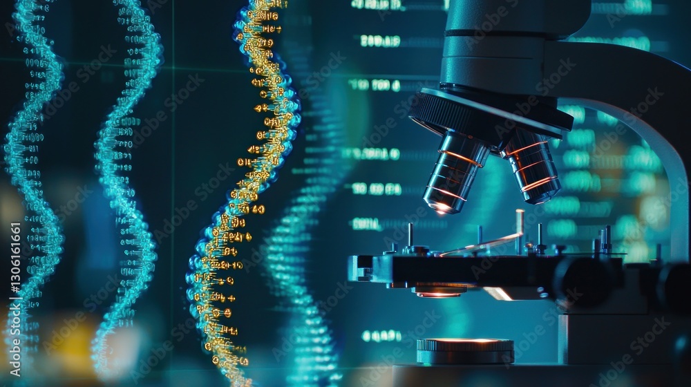 Poster a close up image showing a microscope and dna strands