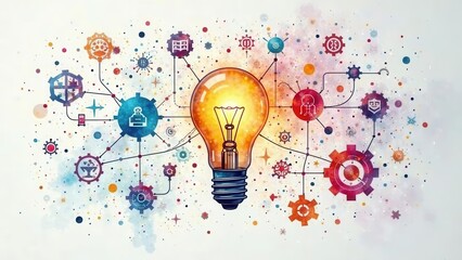 Illuminating Ideas A Network of Interconnected Gears and Symbols Representing Innovation and Collaboration