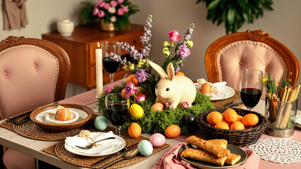 Traditional Easter feast with decorated table