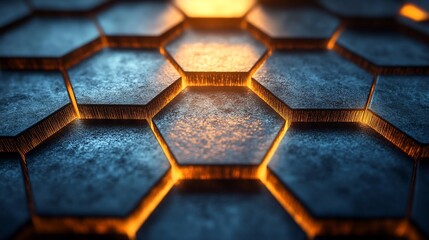 Glowing Hexagon Grid Abstract Background Warm light illuminates intricate dark blue metallic pattern. AI Generated