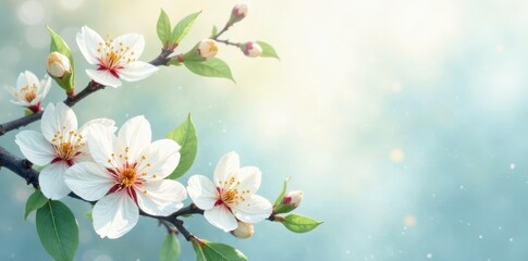 White blossoms and leaves, soft watercolor texture, abstract design , card, elegant