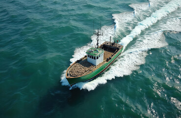 Aerial view of fishing boat with scallops sailing on water. Seafood production, maritime transport. Aquaculture extraction industry. Commercial fishing in ocean. Green vessel during scallop
