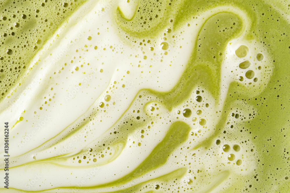 Poster frothy green and white liquid with many bubbles. the bubbles are scattered throughout the liquid, cr