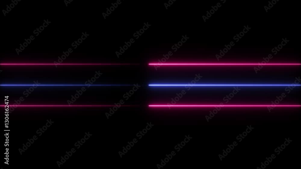 Poster horizontal 3 neon line animation moving from left to right on black screen.