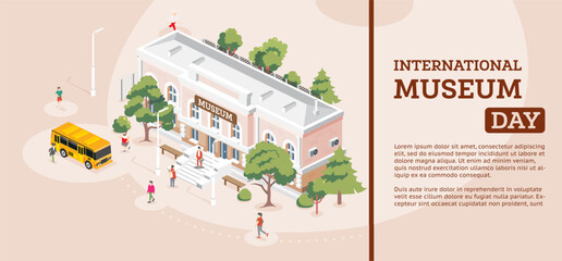 Naklejka premium International museum day. 18 May. Isometric view of museum building. Beautiful classical building with columns. Trees and people around.